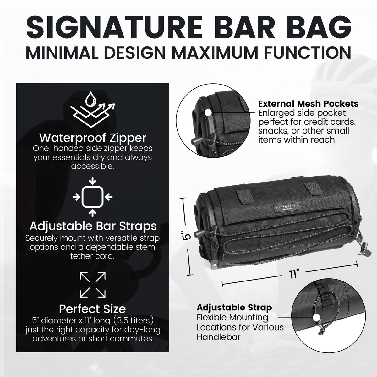 ALMSTHRE Signature XL Bar Bag – Midnight Black | Hard-Shell Bike Handlebar Bag 2