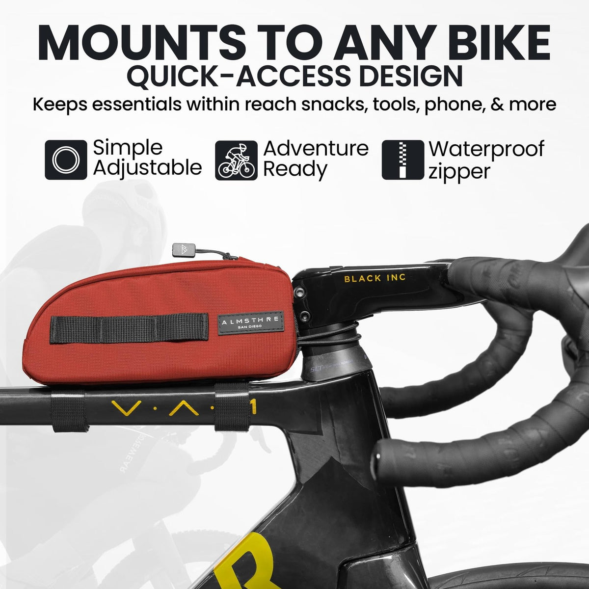 ALMSTHRE Top Tube Bag, Waterproof Zipper, Bolts or Strap Mount, Rust Red 3