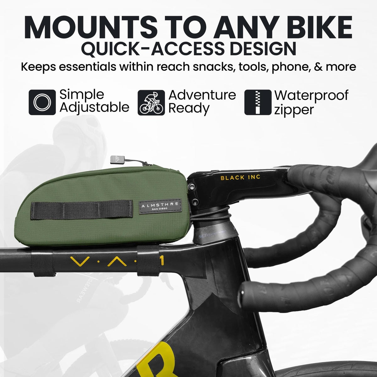 ALMSTHRE Top Tube Bag, Waterproof Zipper, Bolts or Strap Mount, Hunter Green 3