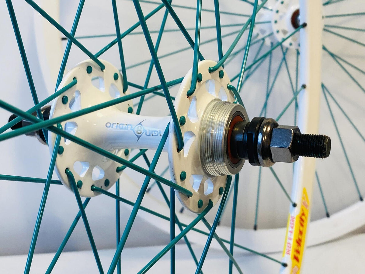 Velocity Deep-V 700c Track Wheelset 32h Origin-8 Hubs Emerald Spokes - White 6