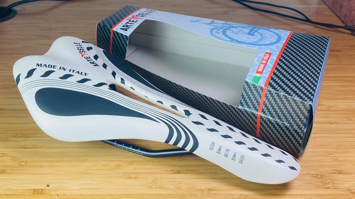 ARTE SELLE Dakar Steel Rail Cutout Racing Saddle White/Black Stripe Italian Made 1