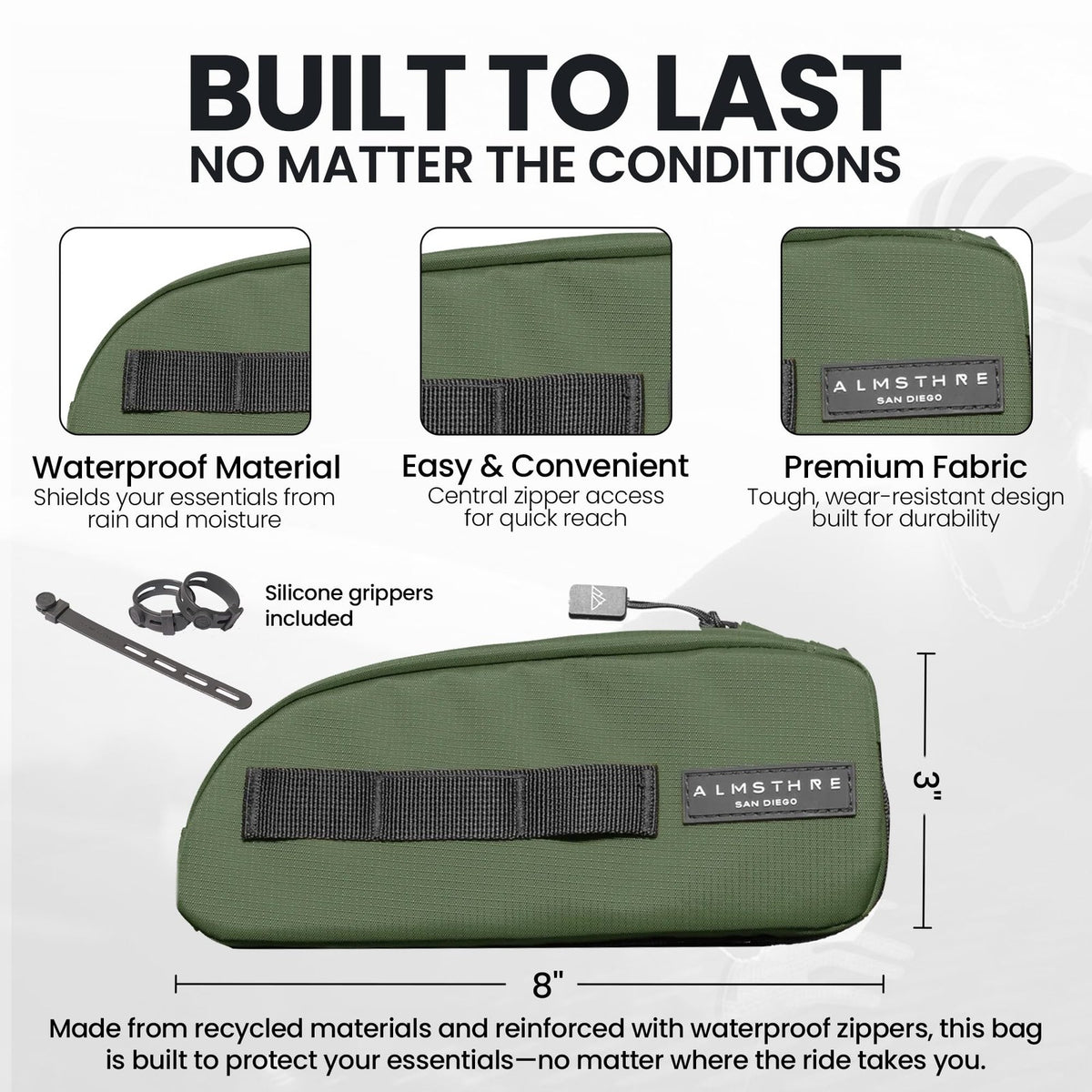 ALMSTHRE Top Tube Bag, Waterproof Zipper, Bolts or Strap Mount, Hunter Green 2