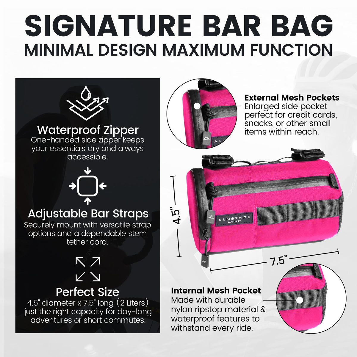 ALMSTHRE Signature Bar Bag – Passion Pink | Hard-Shell Bike Handlebar Bag with 2