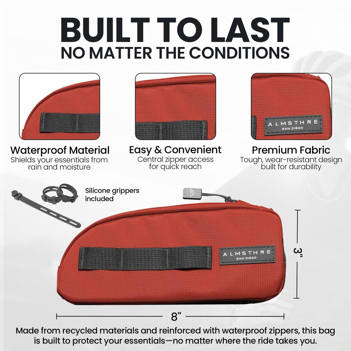 ALMSTHRE Top Tube Bag, Waterproof Zipper, Bolts or Strap Mount, Rust Red 2