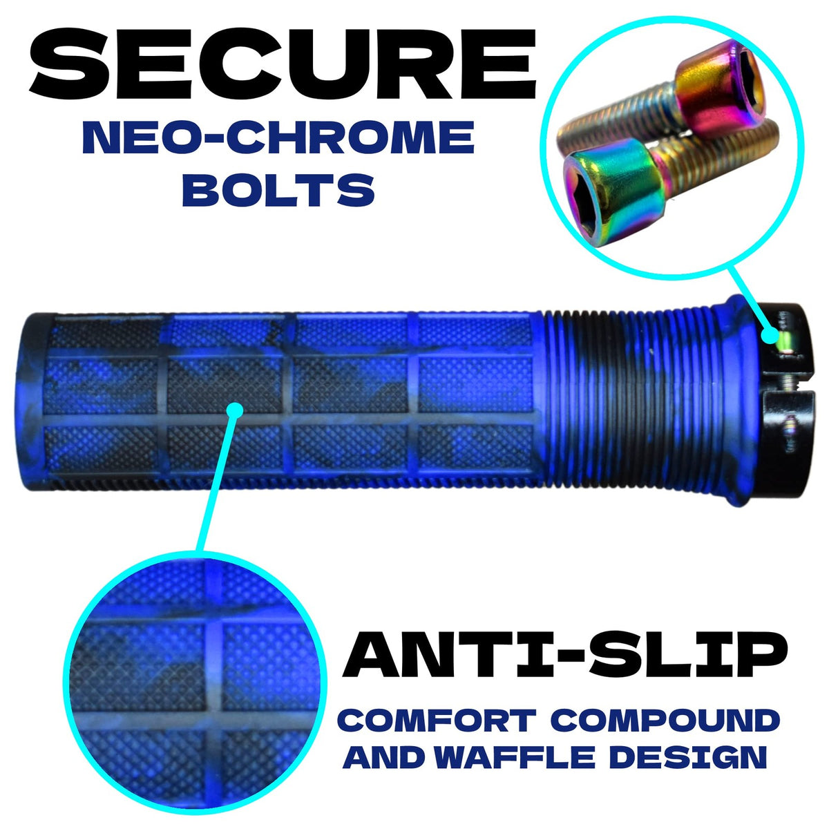 Bike Works Lock-On Handlebar Grips Non-Slip, Ribbed + Waffle Pattern - Blue Mix 2