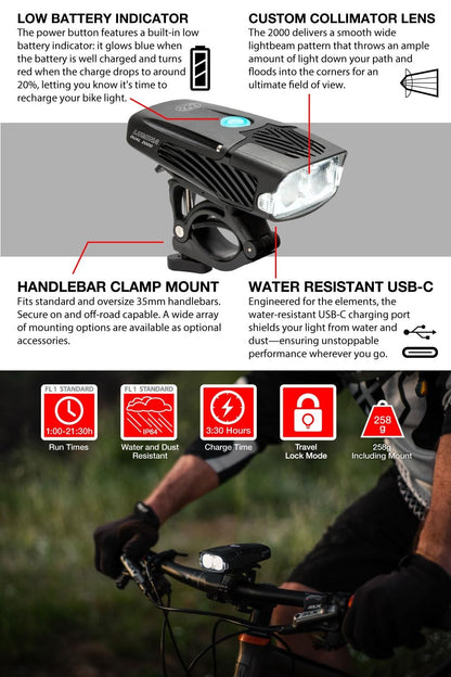 NiteRider Lumina Dual 2000 Lumen USB-C Rechargeable Dual LED Front Bike Light - 4