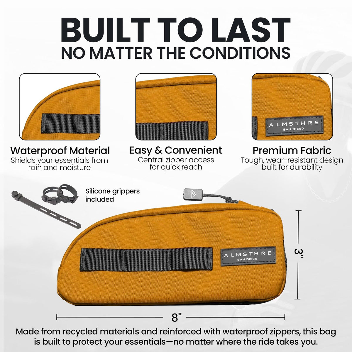 ALMSTHRE Top Tube Bag, Waterproof Zipper, Bolts or Strap Mount, California Gold 2