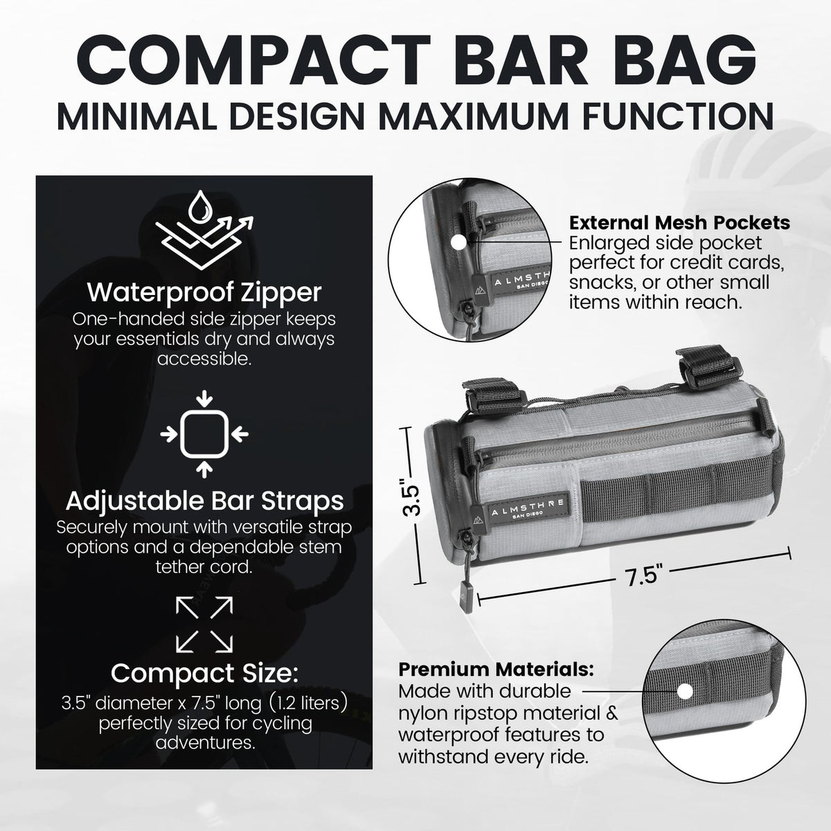 ALMSTHRE Compact Bar Bag – Sterling Silver | Hard-Shell Bike Handlebar Bag with 2