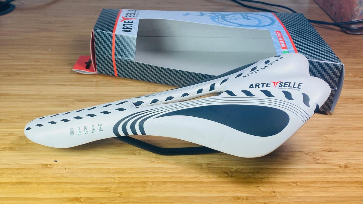 ARTE SELLE Dakar Steel Rail Cutout Racing Saddle White/Black Stripe Italian Made 2