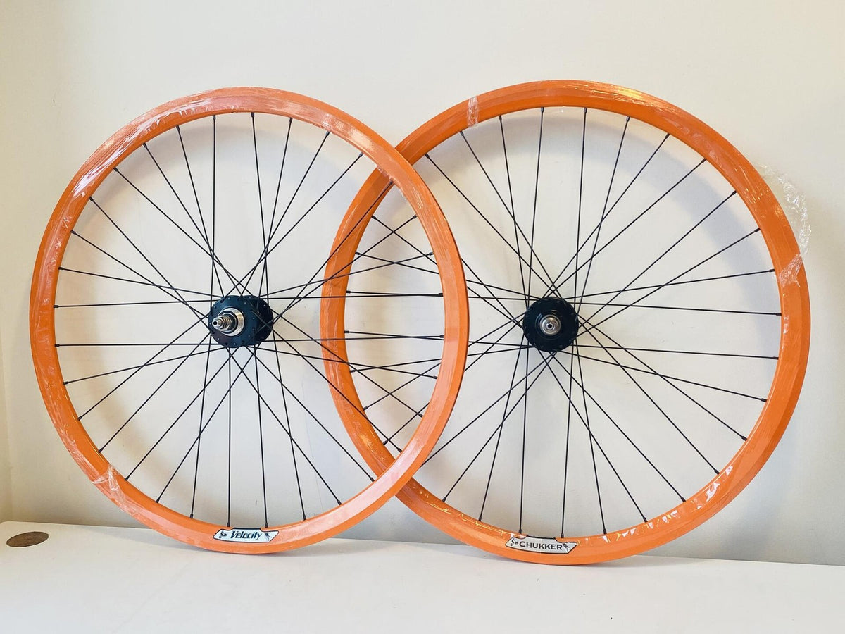 Velocity Chukker 700c Fixie Wheelset 32h 100/120 Fix/Fix Soma Hubs - Orange NMSW 1