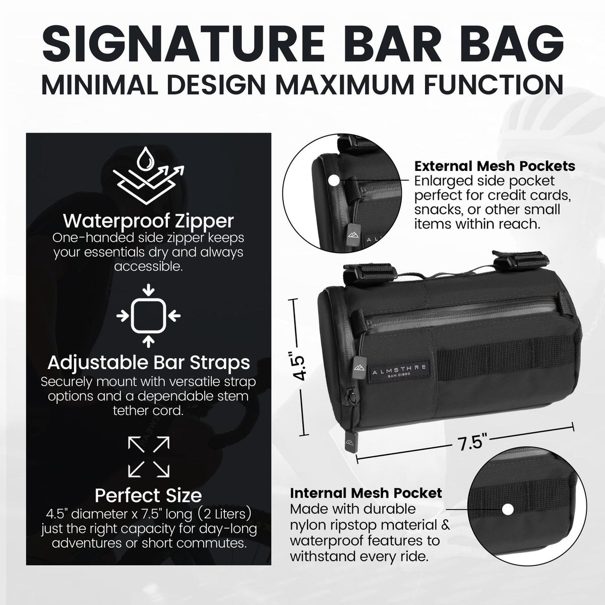ALMSTHRE Signature Bar Bag – Midnight Black | Hard-Shell Bike Handlebar Bag with 2