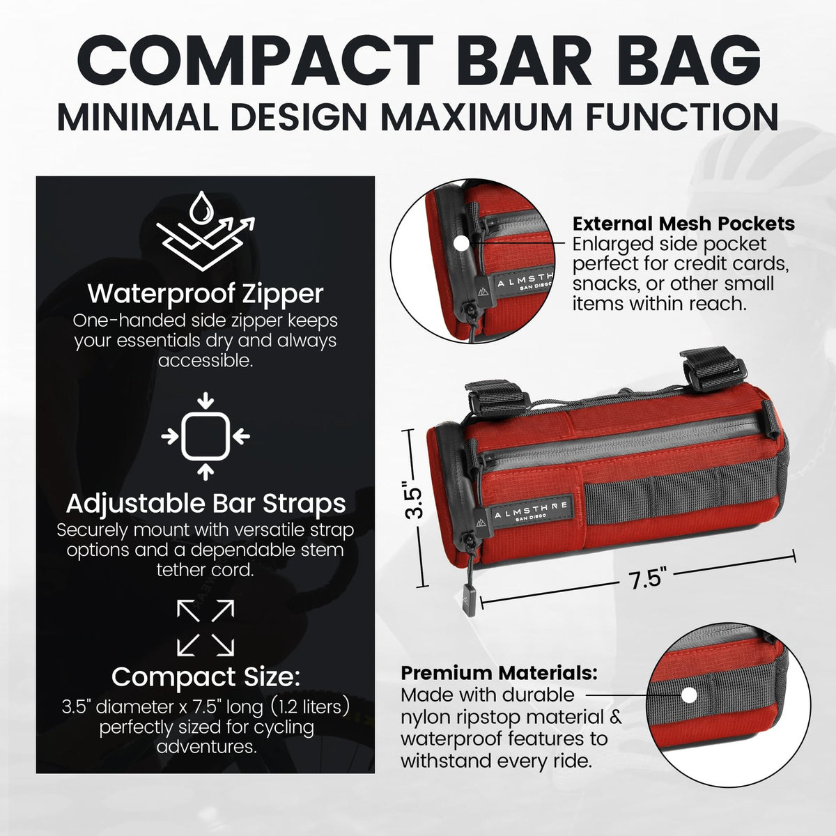 ALMSTHRE Compact Bar Bag, Waterproof Zipper & Adjustable Straps, Rust Red 2