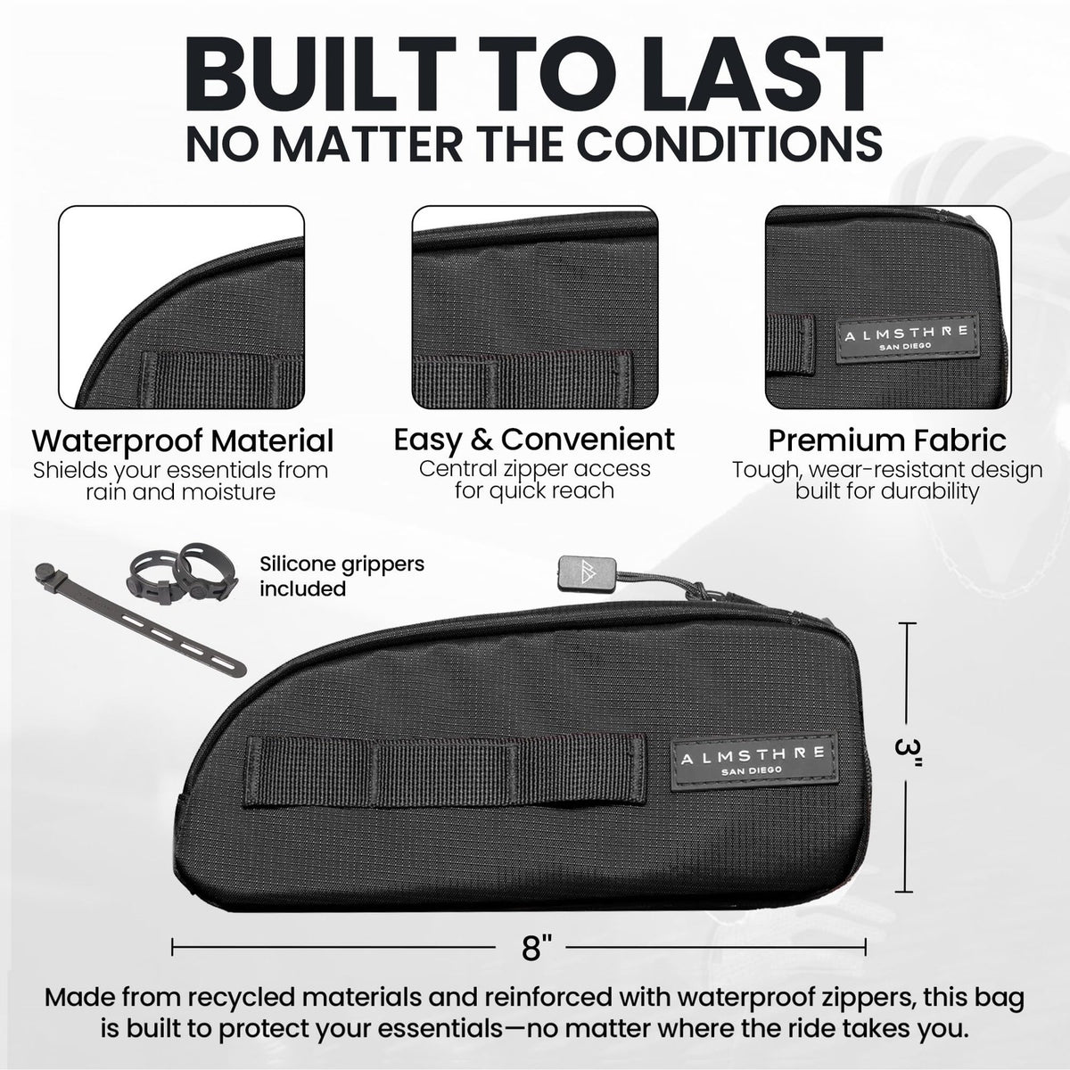 ALMSTHRE Top Tube Bag, Waterproof Zipper, Bolts or Strap Mount, Midnight Black 2
