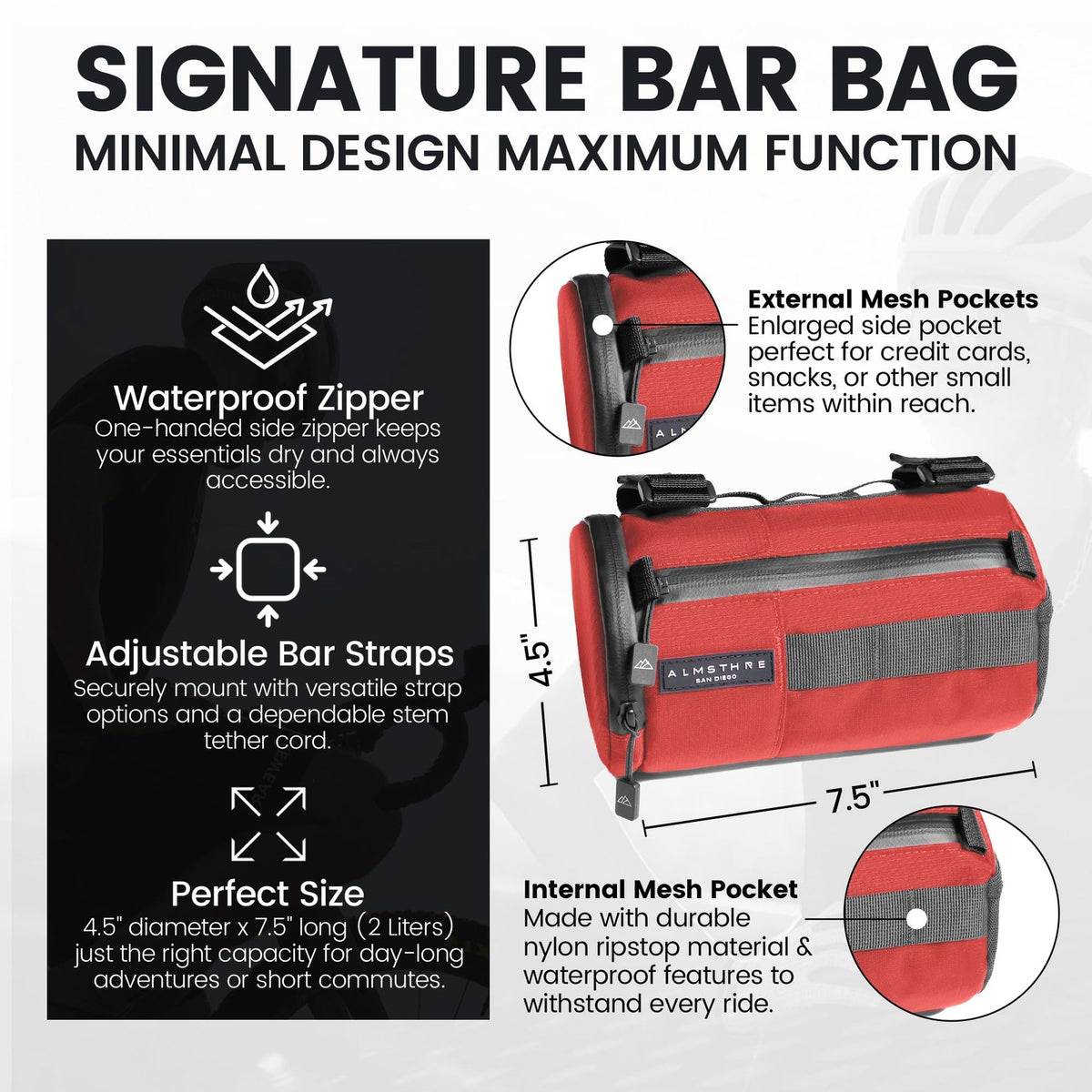 ALMSTHRE Signature Bar Bag – Rust Red | Hard-Shell Bike Handlebar Bag with 2