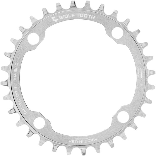 Wolf Tooth 104 BCD 30T 4-Bolt Drop-Stop Chainring Raw Silver Aluminum 1