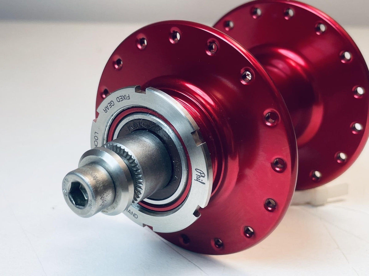 NOS Phil Wood High Flange Rear Track Hub, 32h Fix / Fix Lock Rings Red Anodized 4