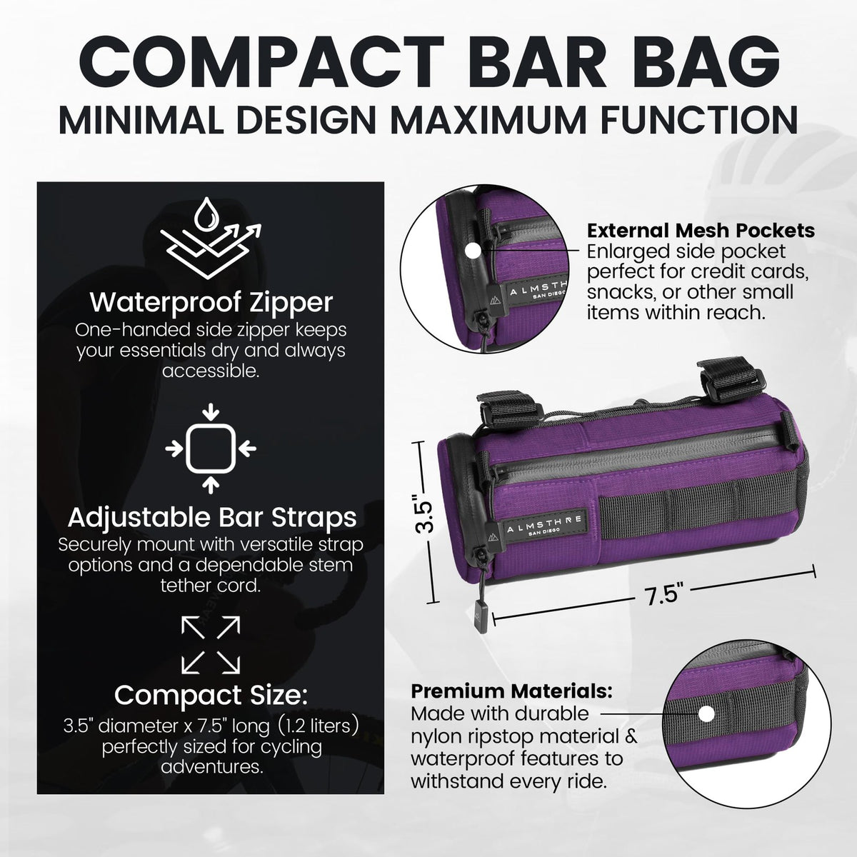 ALMSTHRE Compact Bar Bag – Sterling Violet | Hard-Shell Bike Handlebar Bag with 2
