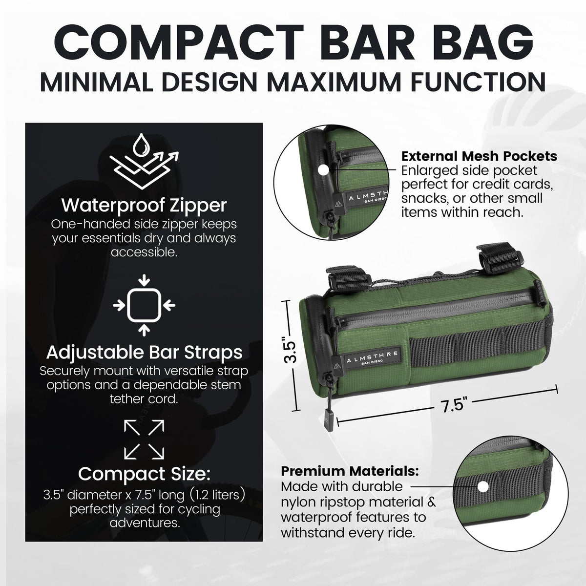 ALMSTHRE Compact Bar Bag – Hunter Green | Hard-Shell Bike Handlebar Bag with 2