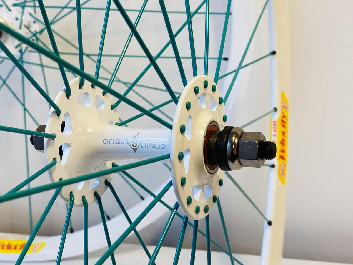 Velocity Deep-V 700c Track Wheelset 32h Origin-8 Hubs Emerald Spokes - White 3